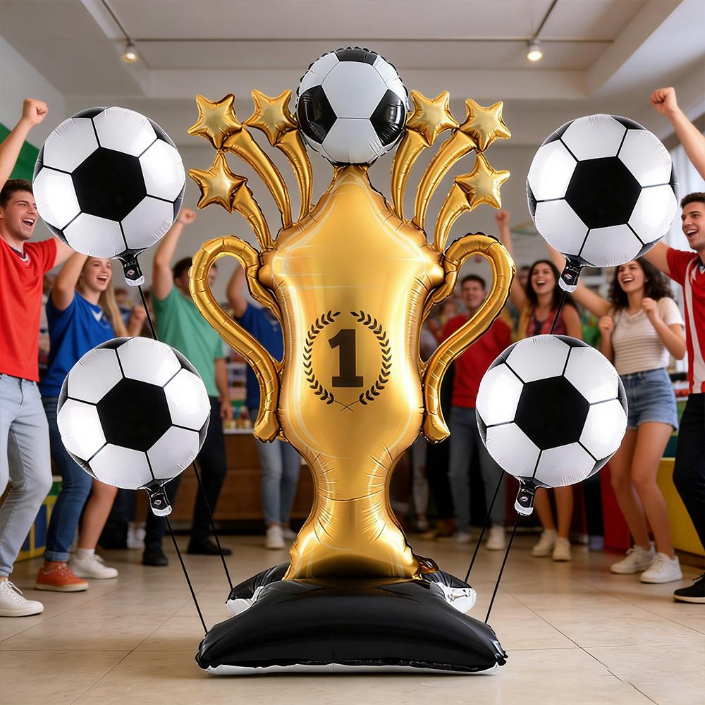 5Pcs Soccer Theme Foil Balloon Set, Jumbo Standing Champion Trophy & 18-Inch Football Mylar Balloons, Aesthetic Sports Event Dec