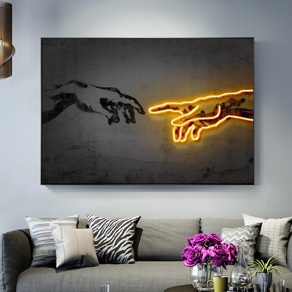 Classical Wall Art Canvas Creation of Adam Painting HD Prints Neon Lights Modern Posters Cuadros Modular Pictures Home Decor