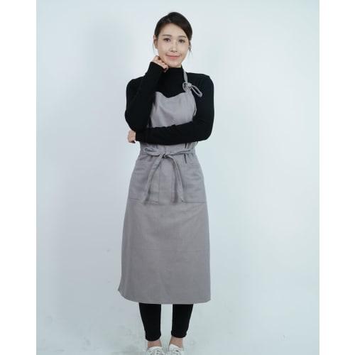 Nika Women's Linen Apron, Full Apron with Pockets, Long Length, Blue-Gray