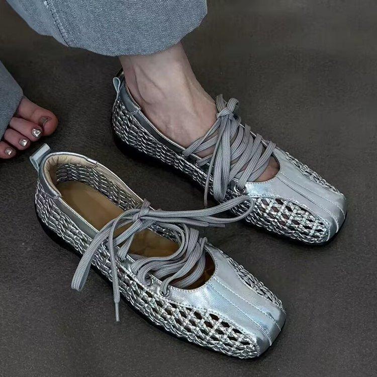 Cowhide Version~ Retro Woven Ballet Shoes Women's Fashion Woven Hollow Mary Jane Single Shoes Laugh Small Leather Shoes Women's Trend