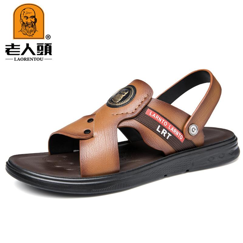 Men's Elderly Head Outdoor Sandals First Layer Cowhide Casual Non-slip Beach Shoes Leather Dual-purpose Driving Sandals