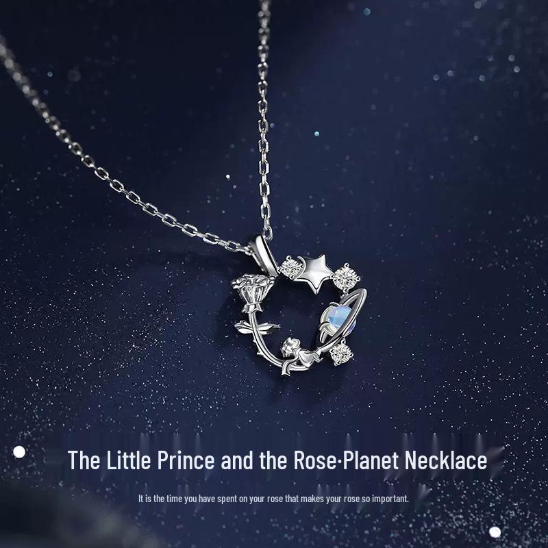 Náhrdelník Malý princ s růží z ryzího stříbra 925 - Elegantní přívěsek planeta, Perfektní vánoční dárek pro ni