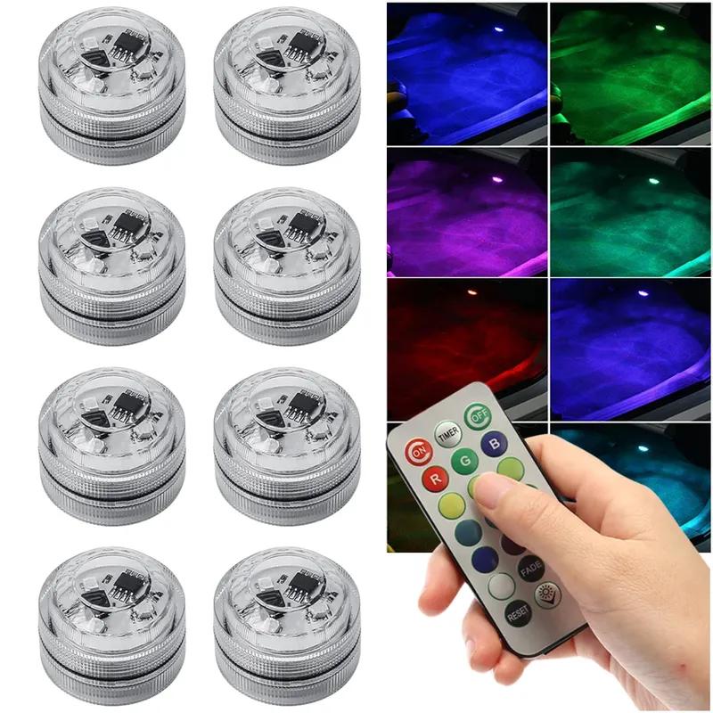 Luce Ambientale LED Adesiva Wireless per Interni Auto Telecomando Decorazione Lampada Atmosfera Tetto Auto Piedi con Batteria Colorata