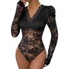 Solid Color Jumpsuit Long Sleeve Sexy Lace Patchwork Women's Bodysuit