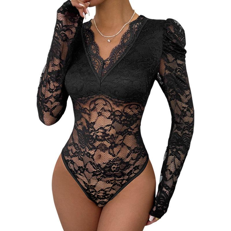 Solid Color Jumpsuit Long Sleeve Sexy Lace Patchwork Women's Bodysuit