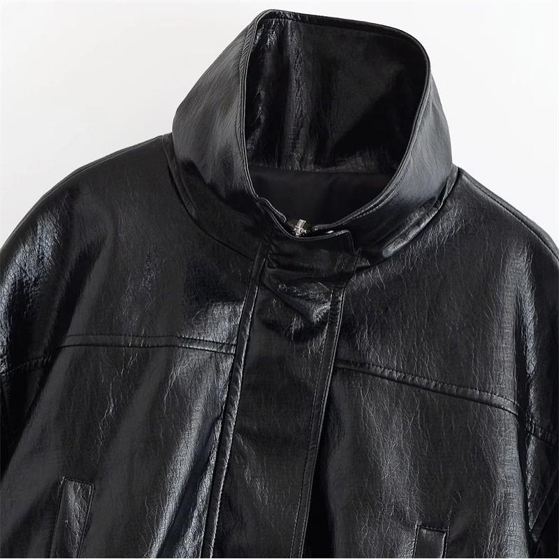 Womens 2026 Fall Fashion Casual Loose Faux Leather Bomber Jacket