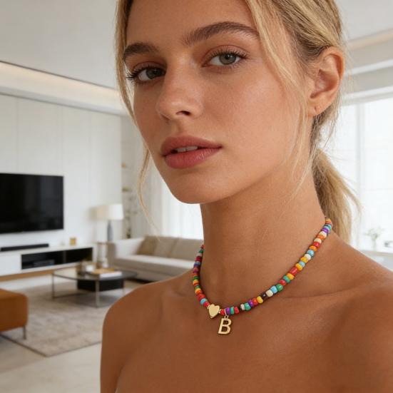 Beaded Choker Necklace Women Colorful Beads Necklace Initial Pendant Necklace Heart Initial Choker Birthday Gift for Girls Wife Girlfriend