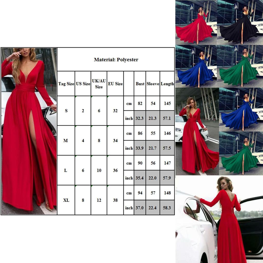 Women Deep V Neck Long Sleeve Slit Prom Gown Dress Elegant Bridesmaid Evening Maxi Dress