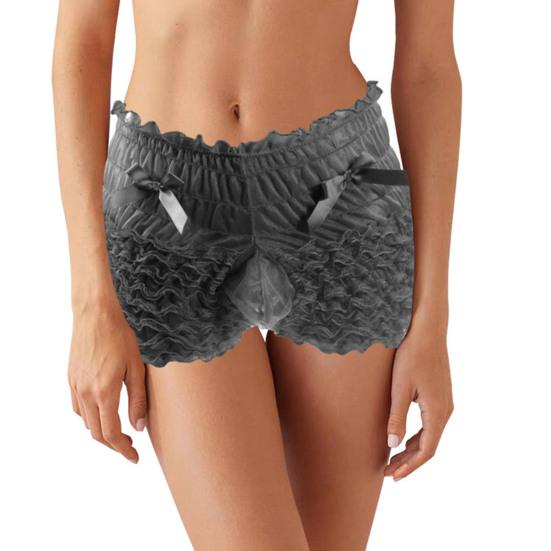 Men Sexy High Waist Underwear Mesh Lace Shorts Panties with Bowknot Decor Solid