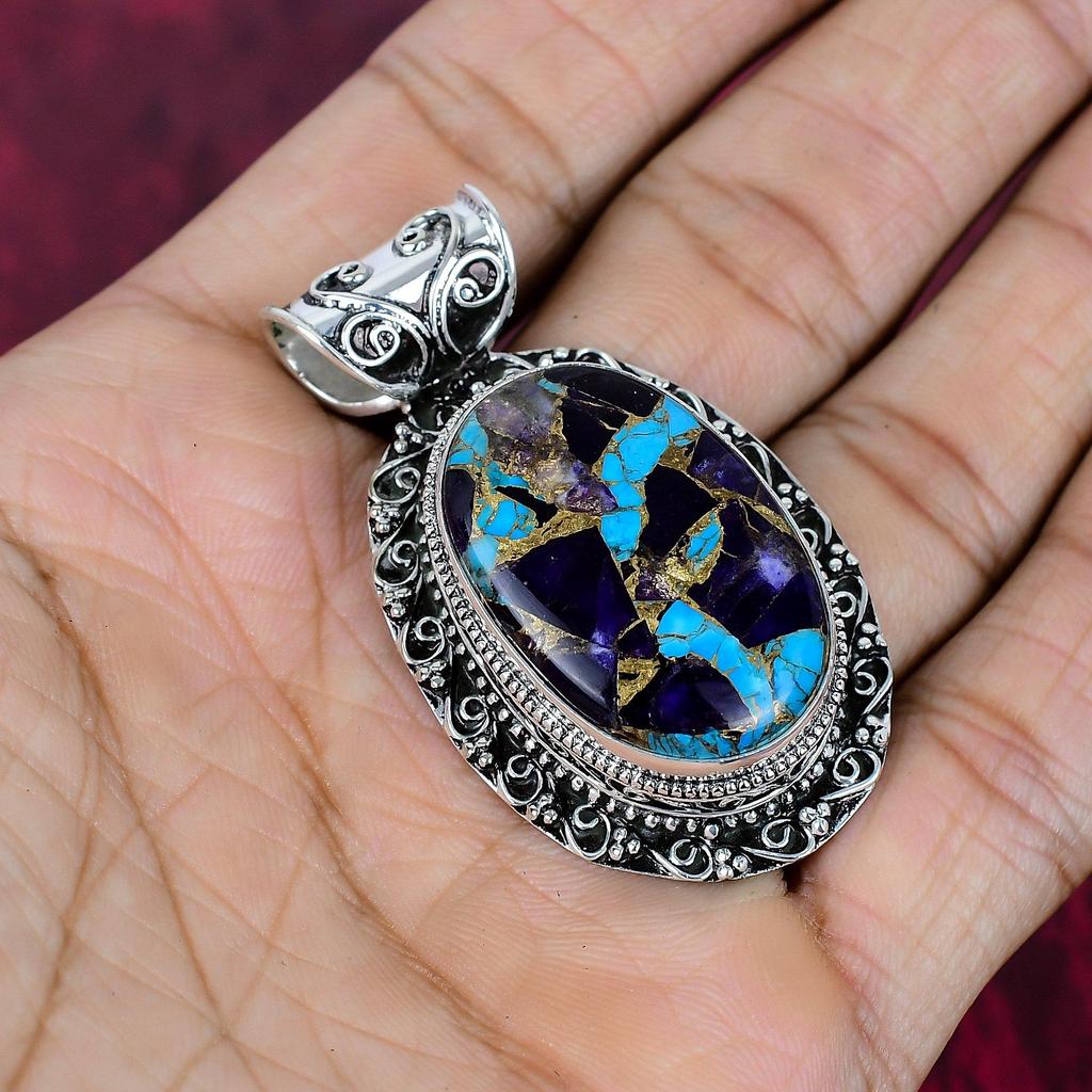 Copper Amethyst Turquoise Handmade Gemstone Pendant, 925 Solid Sterling Silver Pendant Antique Jewelry, For Memorial Day