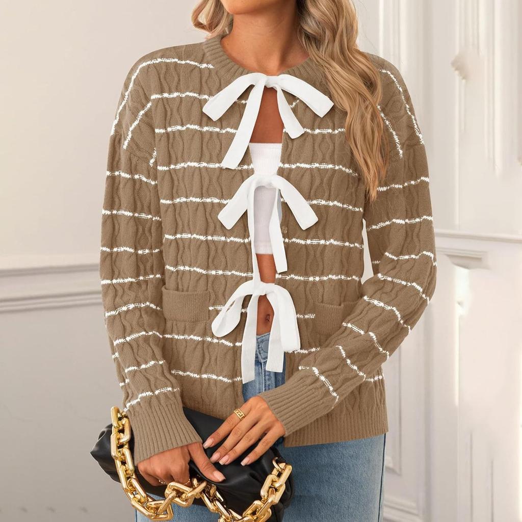 Women's Fashion Tie Long Sleeved Loose Casual Versatile Striped Sweater Jacket Sweater