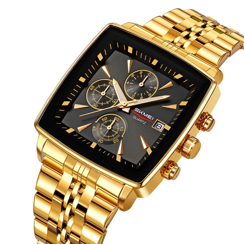 SKMEI Square Stylish Black Stainless Steel Arm Watch Waterproof Analog Business Casual Chronograph Big Face Watch Luxury Gift Gold Black Wach for Men