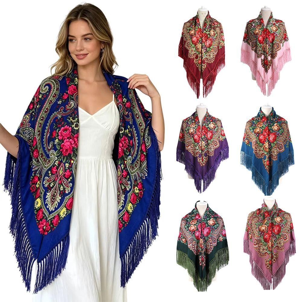 Tassel Fringe Floral Scarf Soft Tassel Scarf Fashion Square Wrap Women