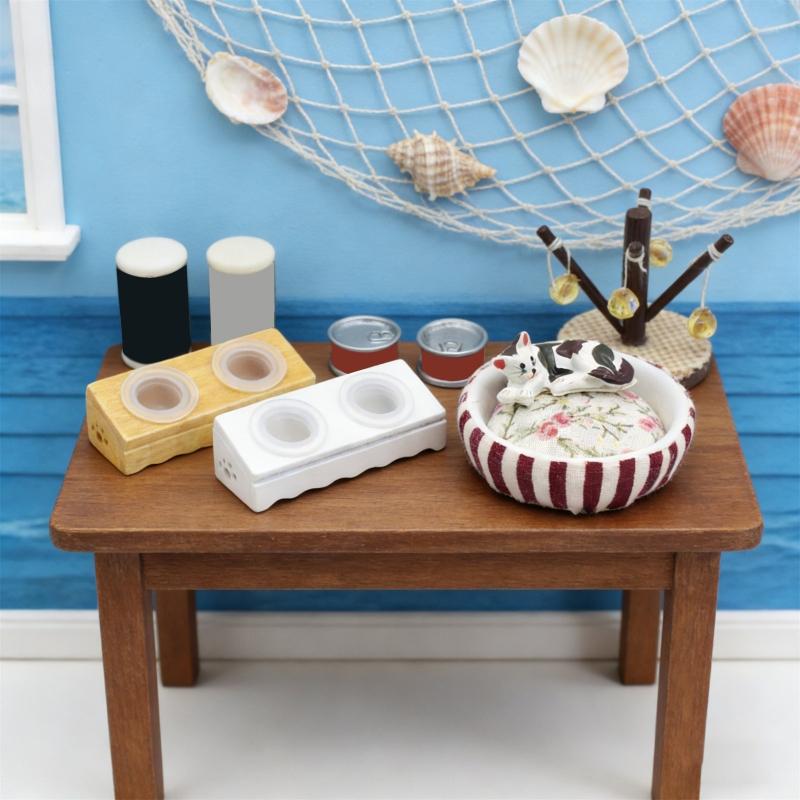 1/12 Doll House Miniature Cats Bed Set with Feeder Bowls for Enhanced Realistic Toy Collection Kids Pretend Play Activity