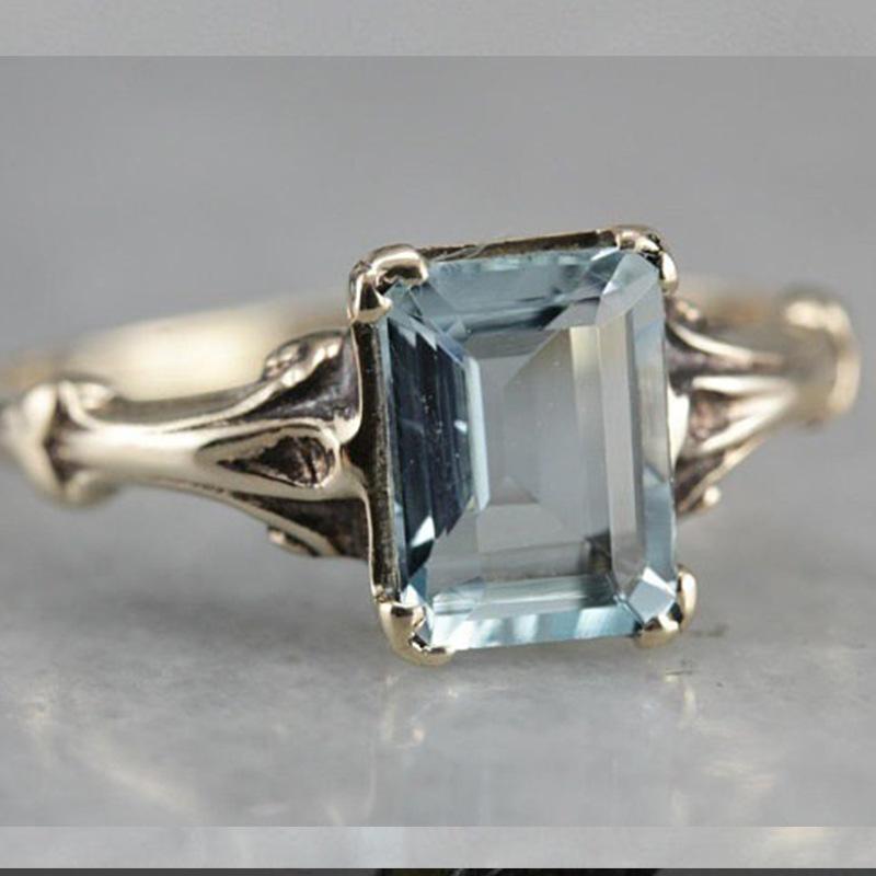 Dámský prsten Huajie Classic Square Sea Blue Topaz se starožitným stříbrným pokovováním