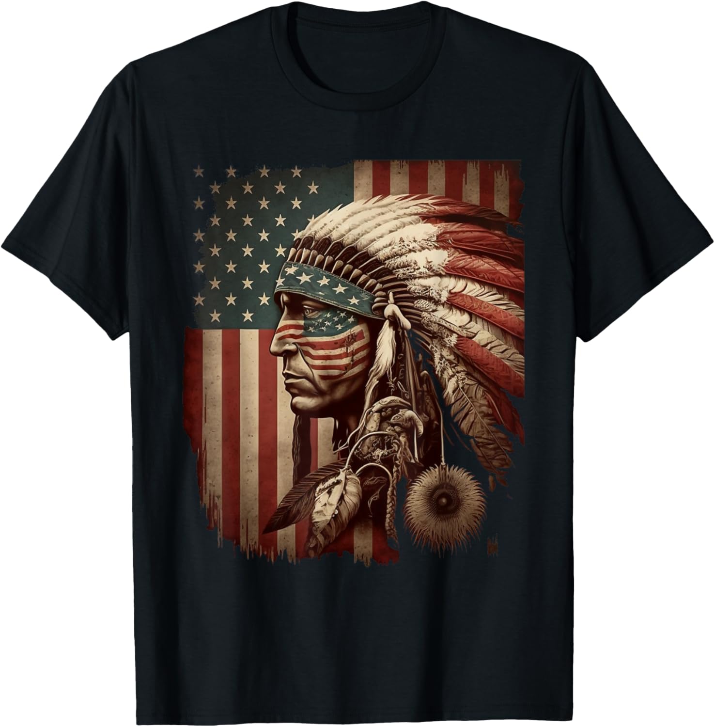 

Native American Indian Chief American USA Flag T-Shirt Summer Breathable Camisetas Nostalgia Retro Street Fashion Tops 4XL