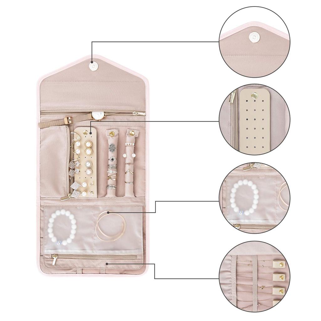 Travel Jewelry Organizer Case Foldable Jewelry Roll for Journey-Rings, Necklaces, Earrings, Bracelets,Mini,Soft Pink