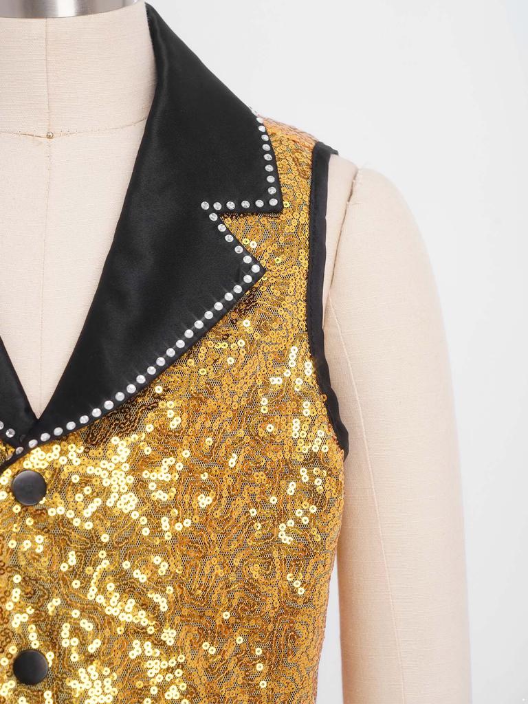 Boys Girls Sparkly Sequin Vest Contrast Lapel Collar Sleeveless Asymmetrical Waistcoat for Stage Performance Costume Tops