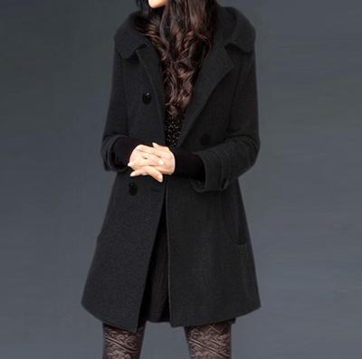 Autumn and Winter Thick Woolen Coat Women's Mid-length Hooded and Cotton Slim-fitting Woolen Coat