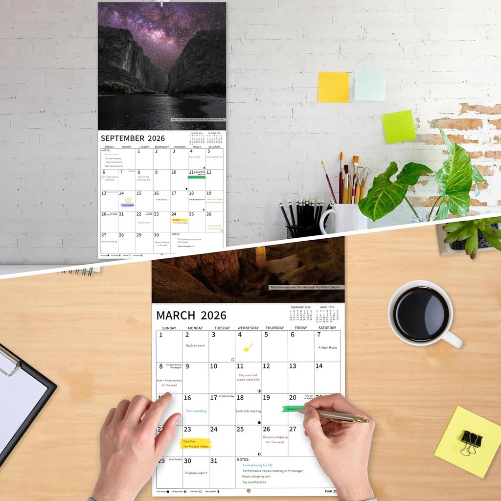 2026 Wall Calendar, 2026 National Parks Calendar, 12 Months from Jan 2026 - Dec 2026, 12" x 24" Open, Thick Paper, Hanging Holes, Large Blocks, Moon