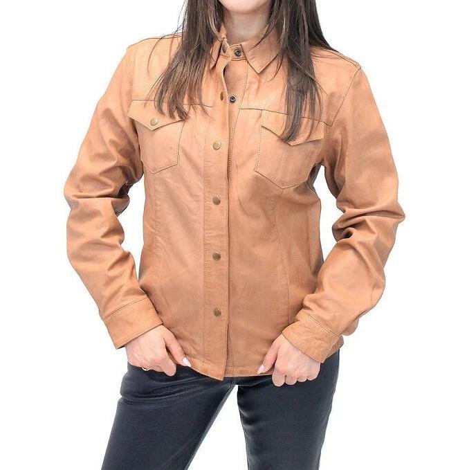 100% Lammleder Damen Tan Handgefertigt Designer Stilvoll Lässig Echt Hemd Leder