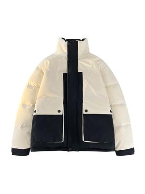 Men's Hooded Down Jacket, New Winter 2025 Color Block, Warm Thickened Workwear with Stand Collar