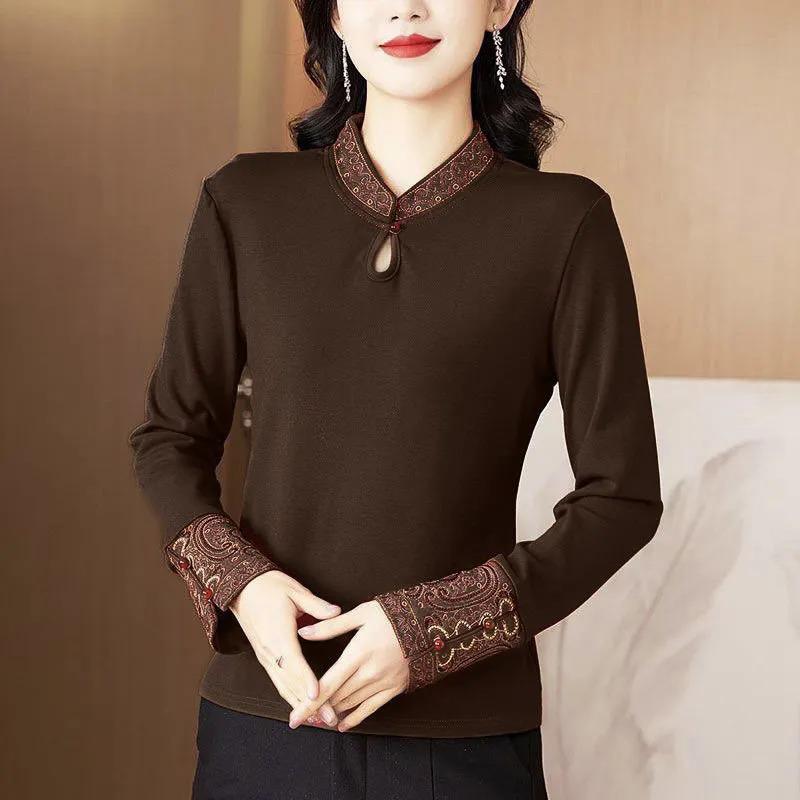 

Women s Brown Traditional Embroidered Knit Top Casual Long Sleeve Stand Collar Blouse L