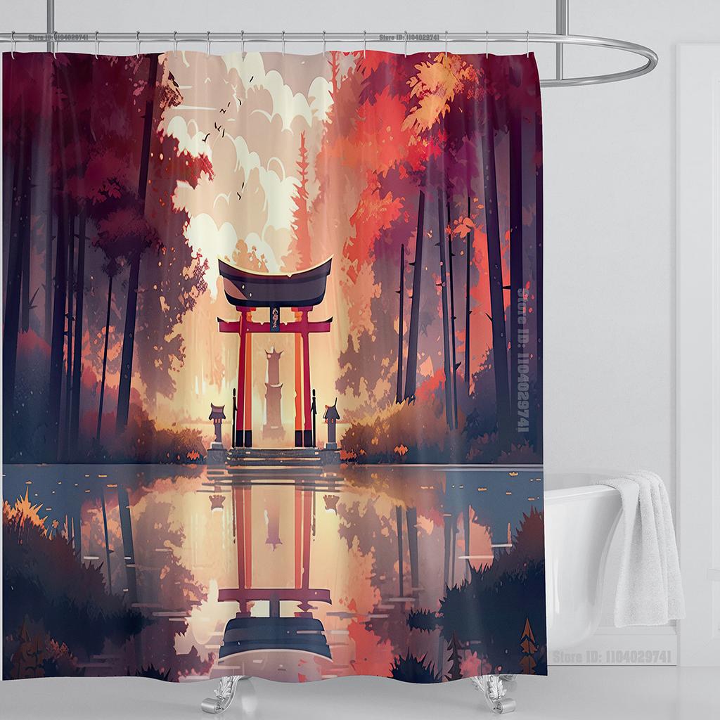 Illustration Japanese Chinese Style Art Print Polyester Washable Waterproof Shower Curtain Bathroom Decoration Bathtub With Hook