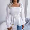 Frauen Frühling Sommer Square Neck Einfarbig Langarm Chiffon Hemd Holz Ohren Tops