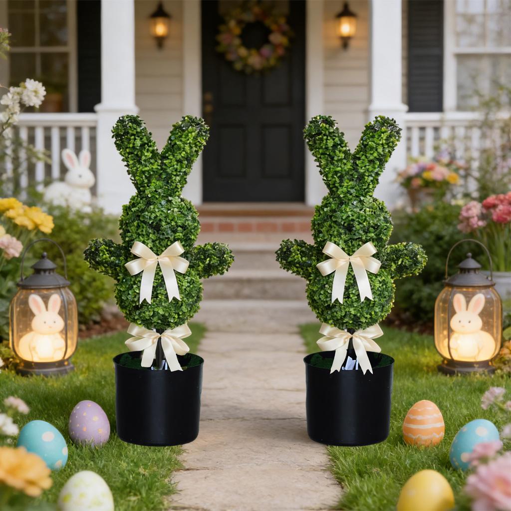 35 INCH Artificial Bunny-Shaped Bowknot Topiary Tree Shaped Topiary Trees UV Resistant Faux Boxwood Topiaries Plant For Porch Decor Outdoor/Indoor