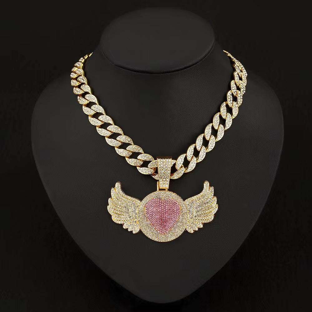 Hip Hop Rap Trendy Creative Pink Diamond Love Angel Wing Pendant Necklace Pink Diamond Love Men's Necklace