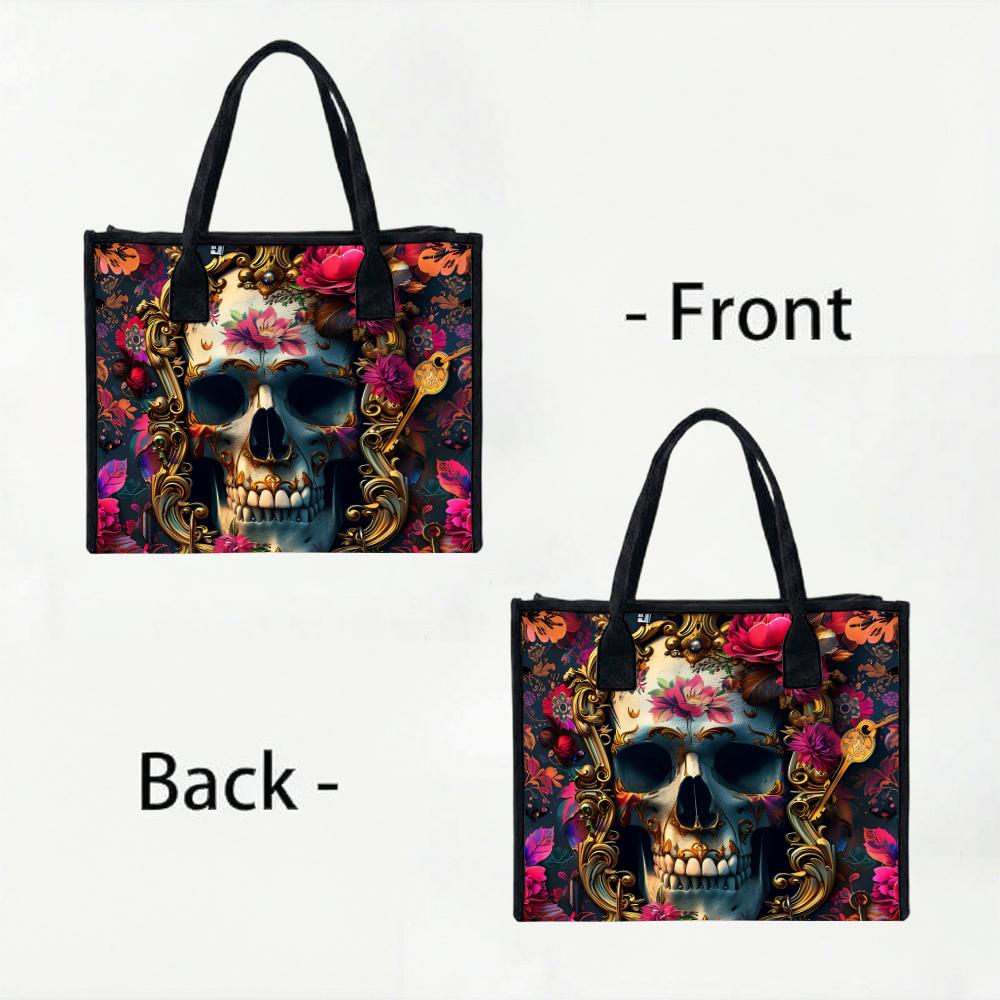 Floral Skull Pattern Tote Bag Gothic Vintage Style Shoulder Bag Daily Use Large Capacity Handbag