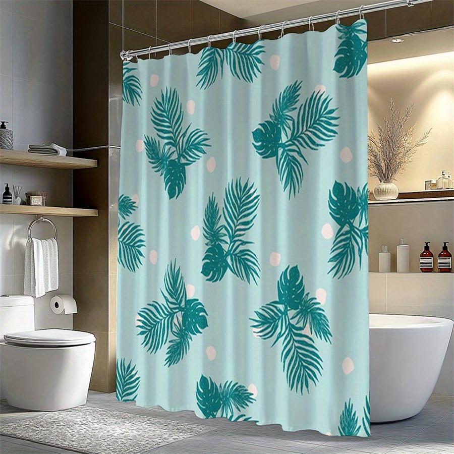 1Pc Blue-Green Shower Curtain With Palm Leaf And Monstera Leaf Pattern, Made Of Polyester Fabric, Suitable For Bathroom Dcor.