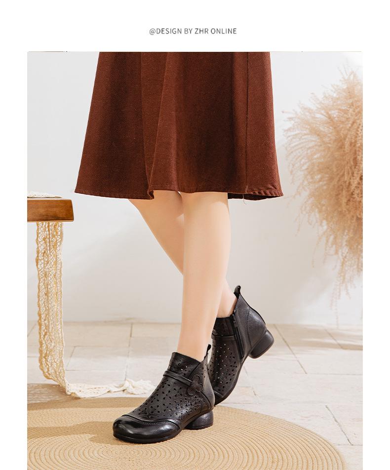 Letní retro vyřezávané kotníkové boty z hovězí kůže na robustním podpatku a se sandály s měkkou podrážkou pro ženy