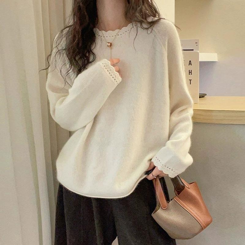 100% Wool Lazy Wind Crew Neck Wool Sweater 26 Spring Festival Loose Lace Loose And Thin Versatile Knitted Sweater Fashion