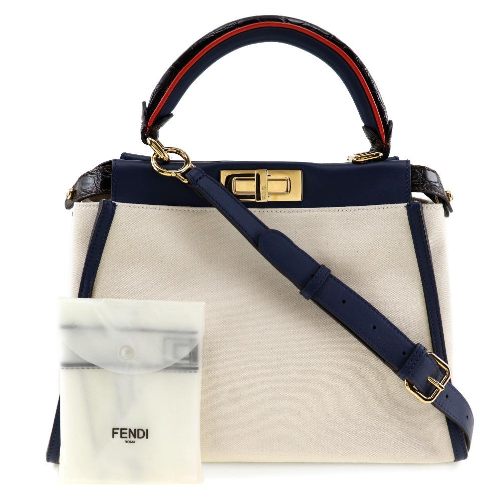 Fendi Peekaboo Handbag 8BN290 2WAYShoulder White / Navy canvas/Calfskin Women Used
