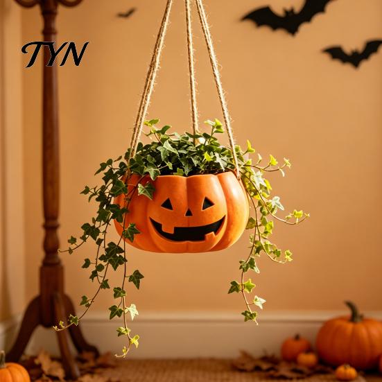 Durable Resin Planter Pumpkin Shaped Hanging Plant Pot, 4.3 Inch Lightweight Flower Adjustable Modern Aesthetic Room Accents Rope Mini Pots for Indoor
