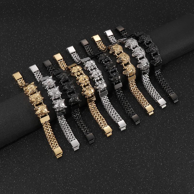Europäische und amerikanische Persönlichkeit Bully Schädel Wolf Kopf Löwenkopf Herren Titan Stahl Armband