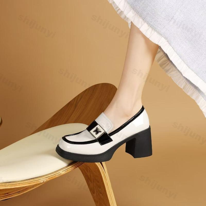 Britischer Stil Dicke Hohe Absätze Flache Mund Slipper Damenschuhe Pendeln Vielseitig Frühling Neu Atmungsaktive Einzelne Schuhe