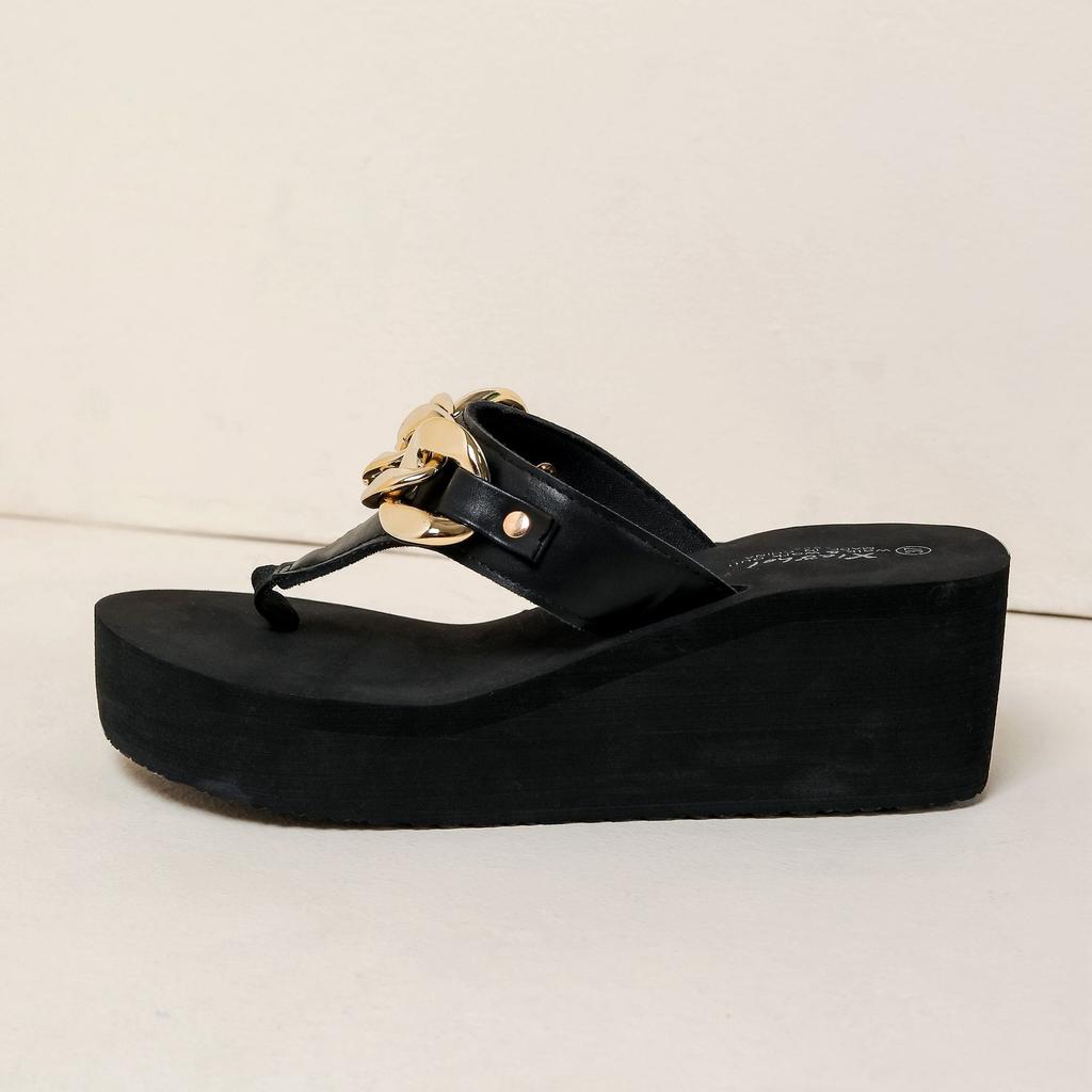 High Heeled Herringbone Slippers Fashion Thick Bottom Slope Heel Pinch Foot Beach Slippers Women
