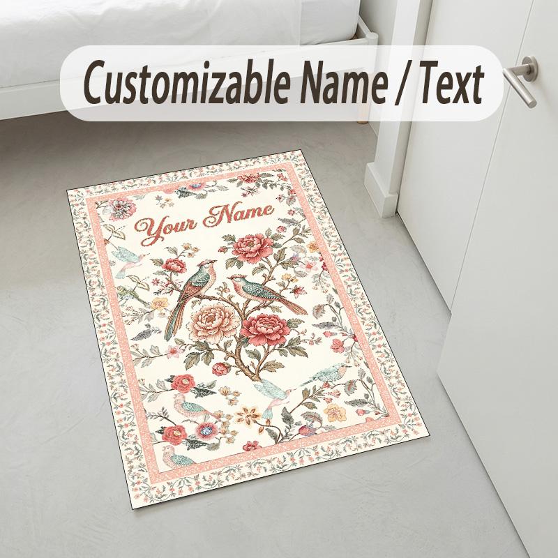 Floral Birds Artwork Theme Soft Crystal Velvet Rug Custom Name & Text Print Non Slip Floor Rug for Bedroom Living Room