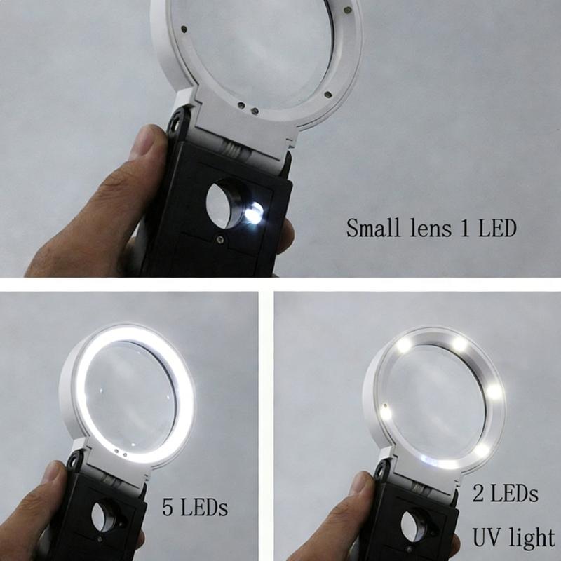 Double Lens Handheld Magnifying Glass With 6 LED Lights And 2 Lamps For Detailed Inspection Magnifing Glass