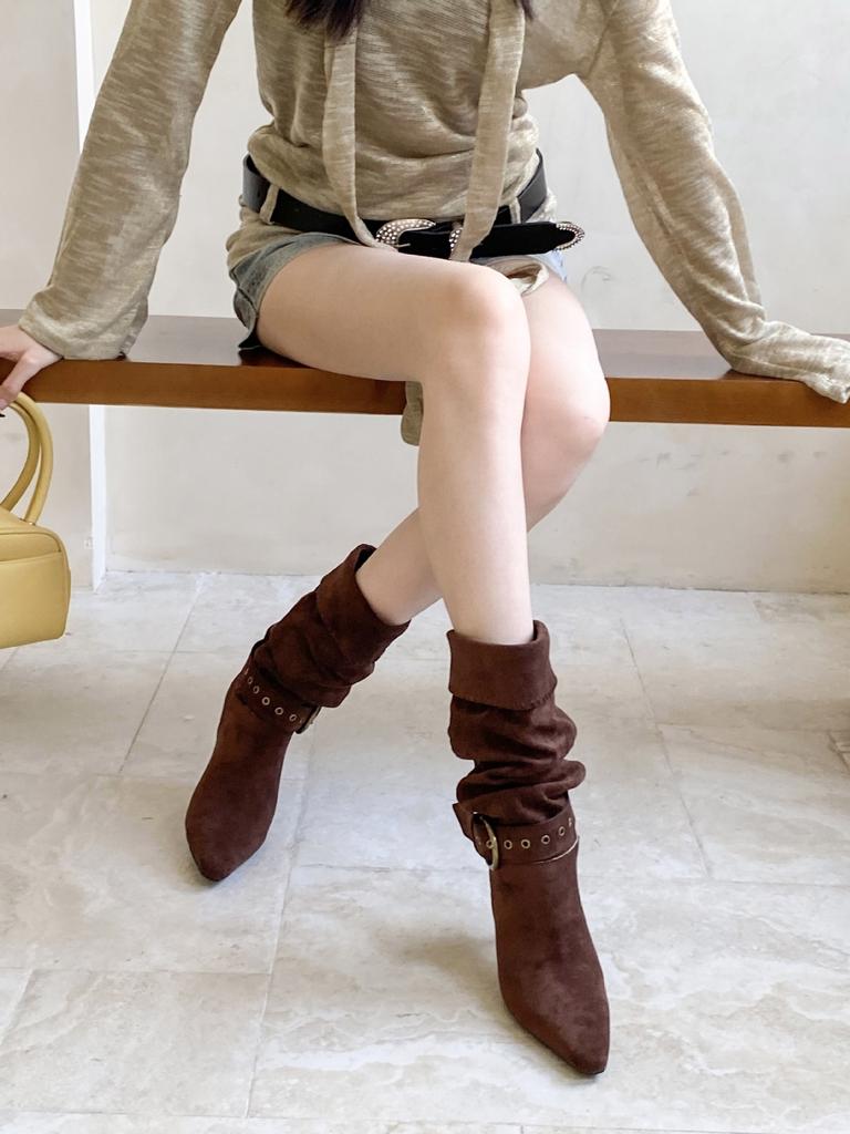 2025 Autumn and Winter New European and American Pointed Head Thin Heel High Heel Temperament French Fashion Suede Belt Buckle Short Boots