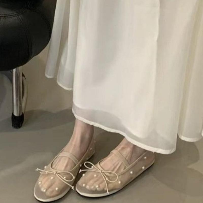 Rhinestone Single Shoes Women's Summer New Round Toe Shallow Mesh Breathable Bow Mary Jane Soft Sole Non-Slip Flats