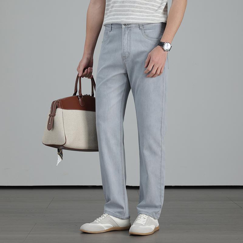 Mulberry silk cotton elastic jeans for men's summer thin design 2026 new youth versatile commuting wear-resistant washed casual pants