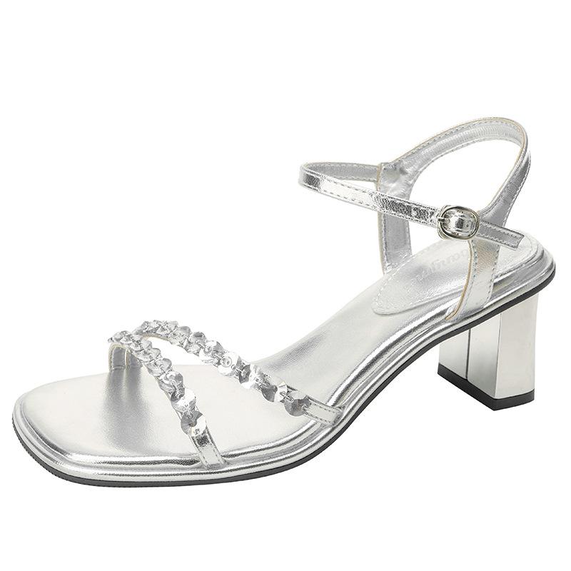 Premium transparent thick heel sandals women's fashion versatile word with crystal rhinestone year sandals