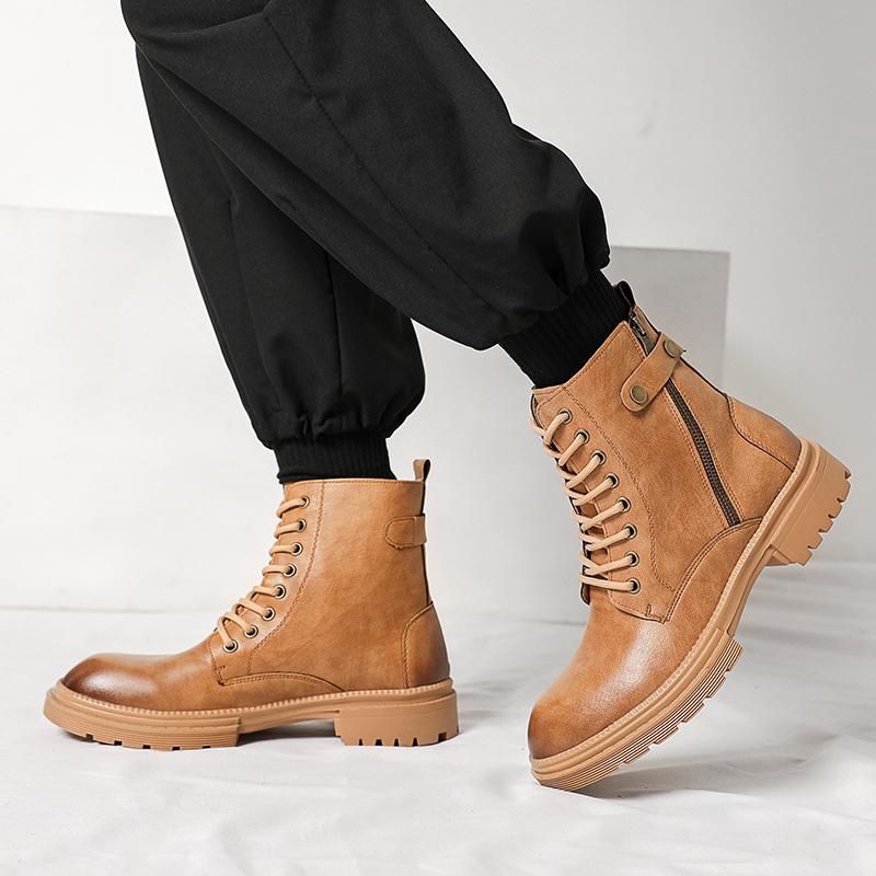New men's round toe high top leather shoes Fashionable British style Outdoor leisureWalking motorcycle thick soled men's boots