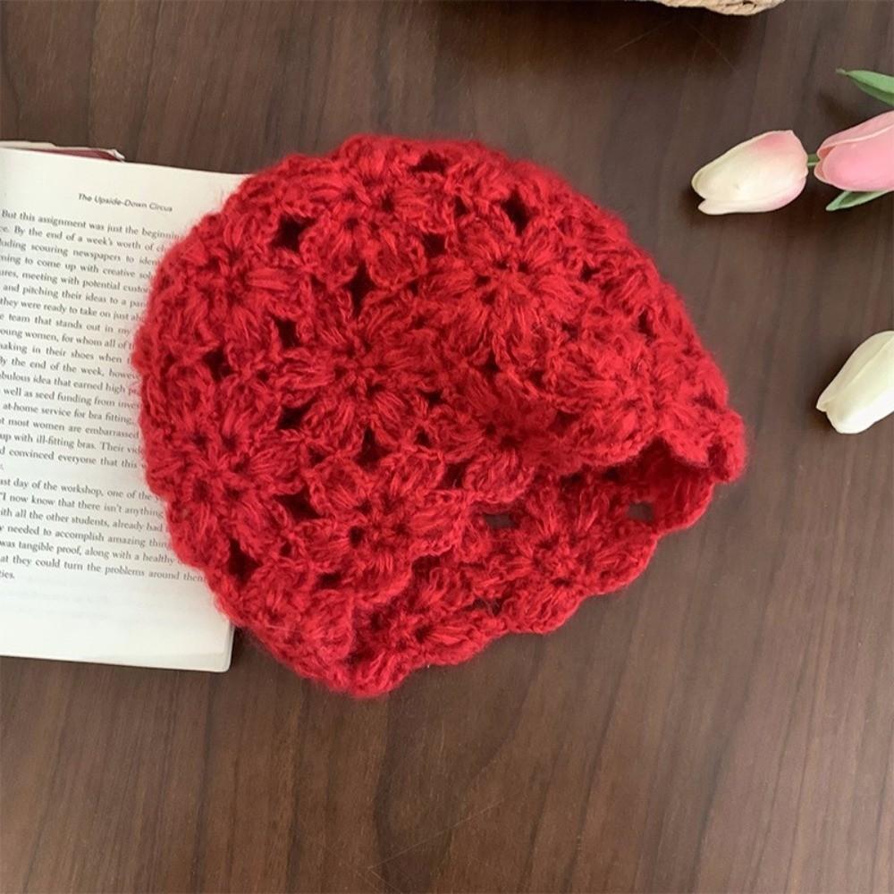Hollow Knitted Pullover Hat Solid Color Beanies Cap Sweet Crochet Flower Hat  Girls