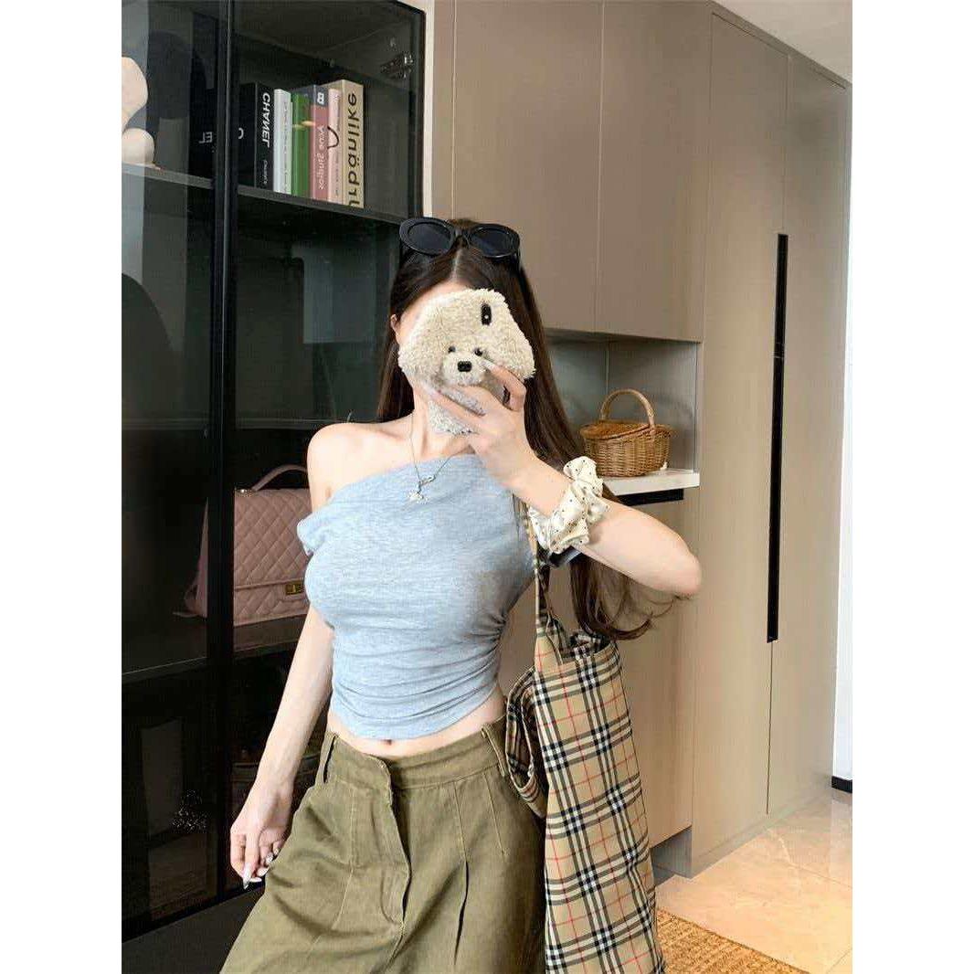 

Design Sense Kink Slant Shoulder Short Sleeve T-Shirt Women s Summer New Pure Desire Spice Girl Short Korean Women s Clothing XL