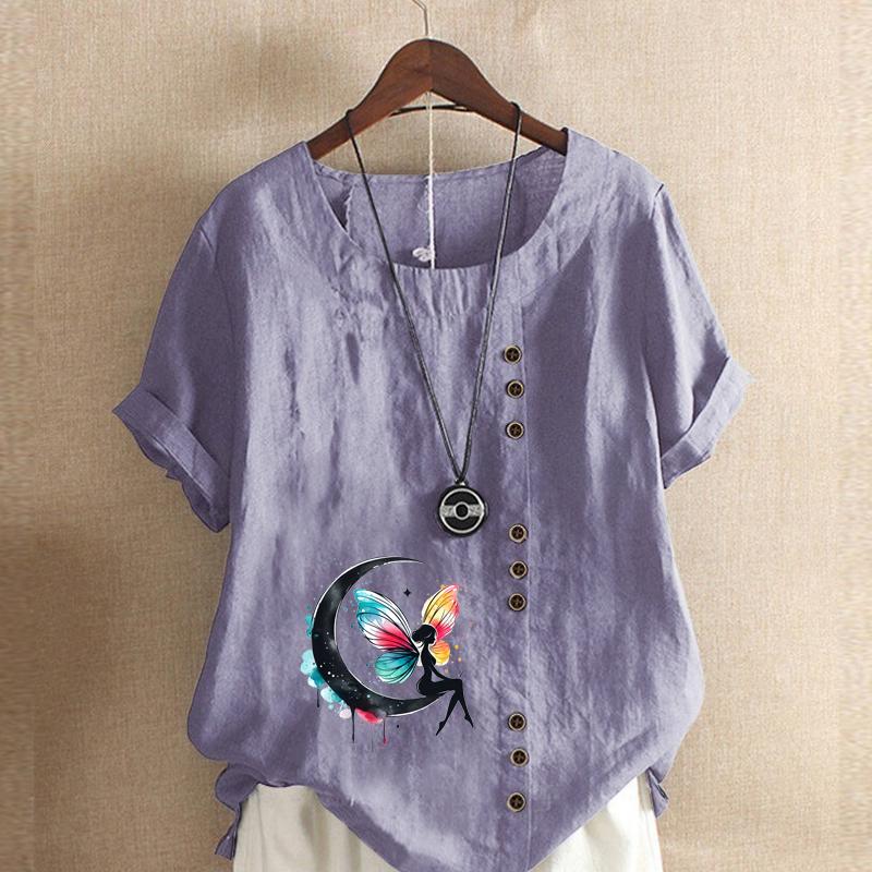 Women's Fashion Cute Butterfly Prined Short Sleeve T-shirt Loose Cotton Shirt Casual Loose Summer Blouse Tops Plus Size
